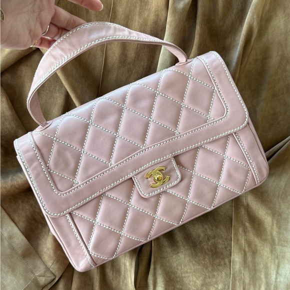 SOLD - CHANEL Pink Calfskin Wild Stitches Vintage Handle Flap Bag Large GHW - Picture 10 of 16